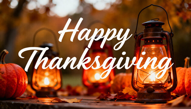 Glowing oil lanterns casting light on wooden table with small pumpkins, Happy Thanksgiving text