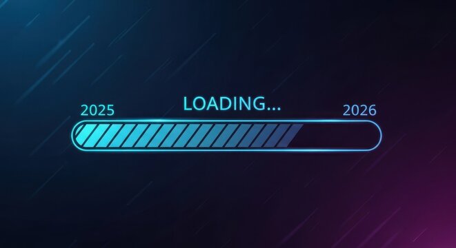 Loading bar transitioning from 2025 to 2026 with neon glow