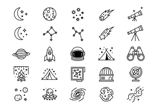 A collection of simple line icons for astronomy and space exploration, featuring vector graphics of cosmic elements like planets, stars, and rockets