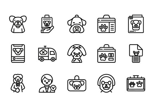Veterinary medicine and pet wellness icon set. Simple line art symbols for an animal hospital, dog care, and pet transport services - Powered by Adobe