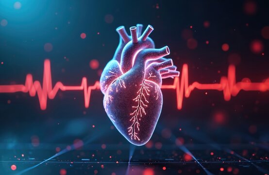 Holographic image of a heart with blue and pink glow. Heart is shown with blood vessels and electrocardiogram in background. Futuristic medical concept with cardiology and health care elements.