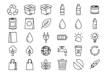 A collection of hand-drawn line art icons for ecology, recycling, and sustainability. Vector symbols for environmental and zero waste concepts