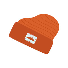 Flat Illustration of Knitted Beanie Hat with Mountain Patch