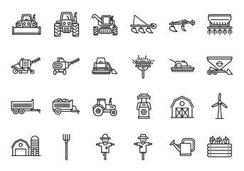 Agriculture and farming equipment outline icon set. Vector symbols for tractor, harvester, plow, seeder, barn, and other rural elements