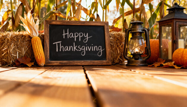 Showing framed chalkboard reading Happy Thanksgiving, resting on porch planks with hay,pumpkins