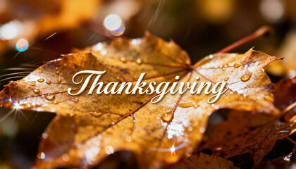Resting single maple leaf gleaming with water droplets on forest floor, showing Thanksgiving script