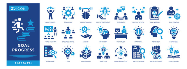 Obraz premium Goal Progress icon set collection in flat style. Icon pack contains achievement, teamwork, group learning, award, brain idea, desk study, spark idea, risk check, and badge idea