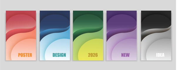 A set of five modern abstract posters featuring vibrant gradient shapes. Each design incorporates minimalist typography and geometric elements