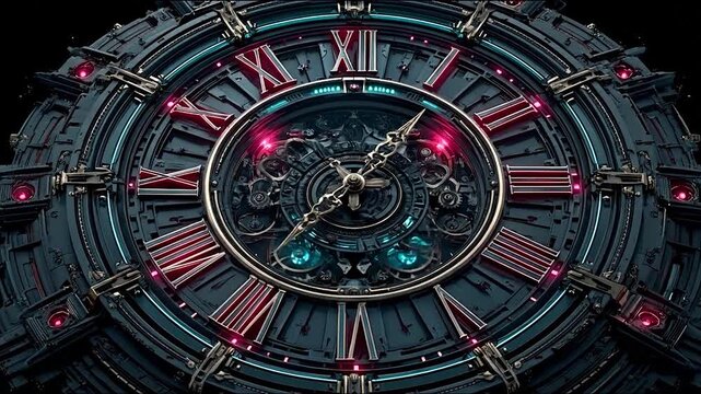 Intricate mechanical clock face design with roman numerals and detailed elements