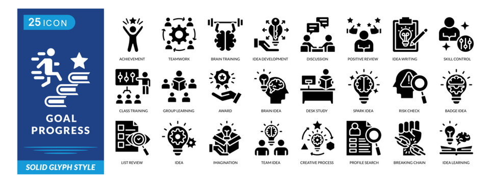 Goal Progress icon set collection in solid glyph style. Icon pack contains achievement, teamwork, group learning, award, brain idea, desk study, spark idea, risk check, and badge idea