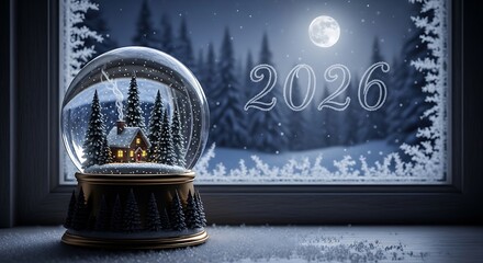A snow globe with a house and trees for the year 2026
