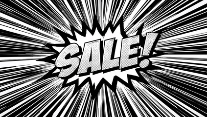 Exploding SALE! lettering inside jagged burst on flat poster, with halftone dots and radial lines