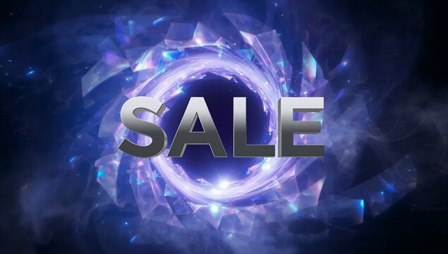 Floating metallic SALE text hovering over glowing crystalline vortex in futuristic digital scene