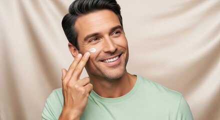 Smiling man gently applies nourishing skincare cream to his cheek
