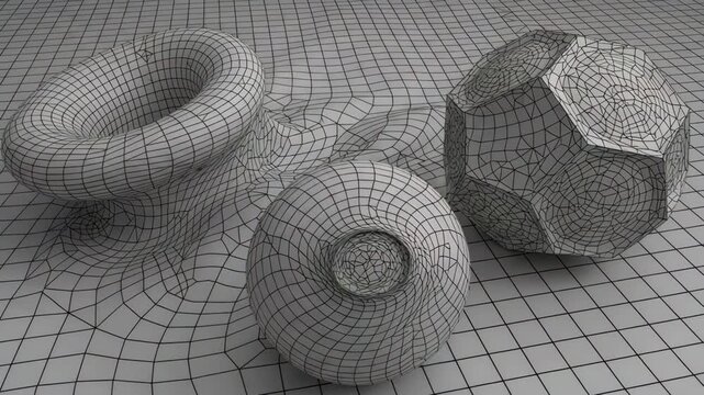 3 D wireframe abstract shapes torus sphere polyhedron on distorted grid surface digital art concept