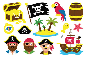 Fototapeta premium A collection of pirate-themed illustrations including a treasure chest, Jolly Roger flag, parrot, island, ship, and various pirate characters.