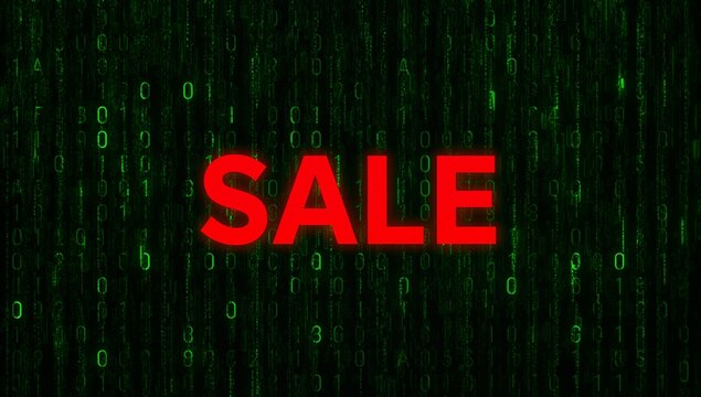 Dominating bold red SALE text glowing over cyber backdrop, showing cascading green 0s and 1s - Powered by Adobe