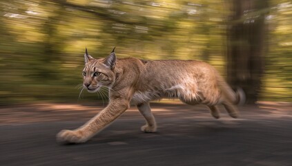 Running wildcat with tufted ears and bobbed tail moving along forest trail, leaves blurring
