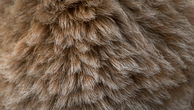 Filling macro close-up, dense brown fur showing layered tufts, visible guard hairs and underfur