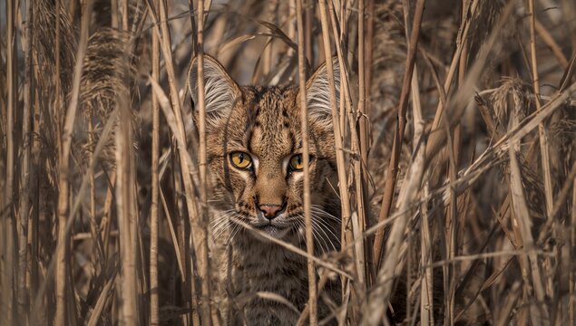 Peering small wild cat watching camera at ground level among tall dry grasses and seed heads