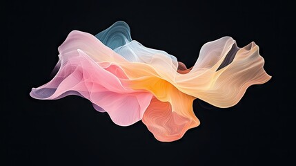 A flowing, translucent abstract form resembling fabric or smoke, with a gradient of pastel colors from pink to orange and blue, set against a dark black backgro