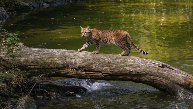 Walking bobcat balancing along fallen tree trunk over creek, with moss, rocks and reflections