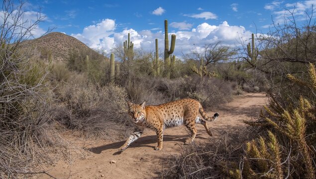 Walking tawny bobcat crossing sunlit dirt trail in Sonoran desert, with saguaro cacti