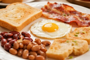 A plate of breakfast food featuring fried egg, bacon, toast, baked beans, and hash browns