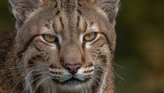 Staring lynx-like wild cat filling frame in woodland, showing amber eyes and long whiskers - Powered by Adobe