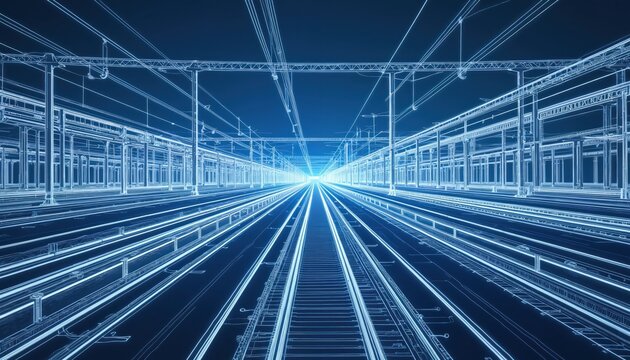 Blueprint of modern train station with railway tracks, infrastructure. Detailed wireframe design of railroad with multiple lines, overhead wires. Engineering, architecture concept for transportation