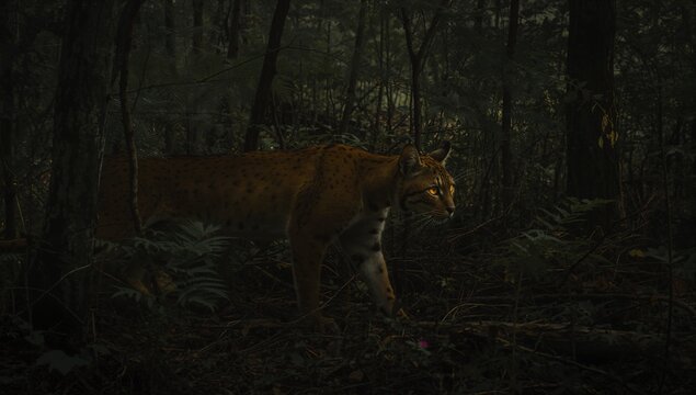 Stalking lynx-like cat moving across dusk forest floor with ferns, pink flower, eyeshine