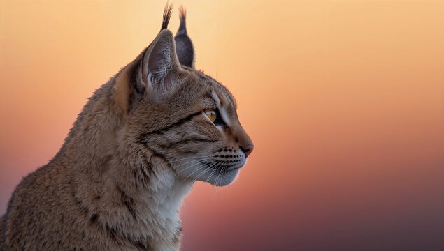 Gazing lynx-like wild cat showing tufted ears, whiskers and amber eye, catching warm sunset light