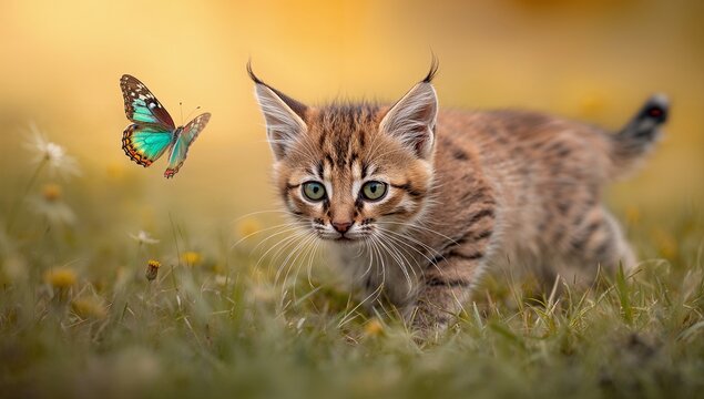 Crouching tabby kitten watching turquoise butterfly in grass with small yellow blooms, golden bokeh