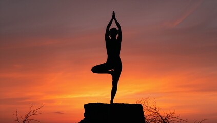 Balancing woman practicing tree pose wearing athletic wear on cliff at sunset, with colorful sky