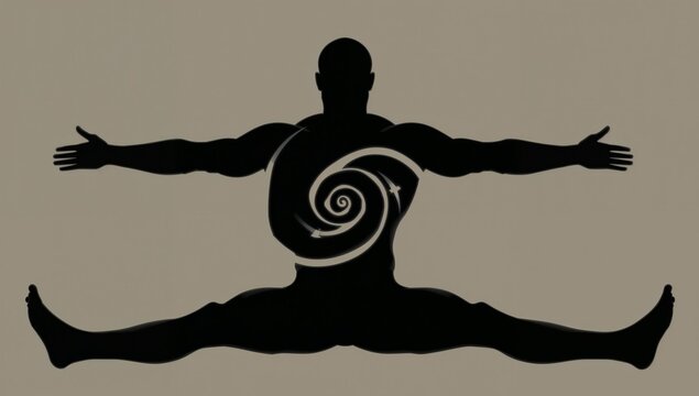Performing muscular straddle split, silhouette male stretching arms wide in studio, spiral on torso - Powered by Adobe