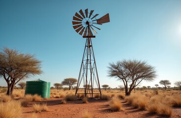 Windmill with water tank in arid savanna landscape with acacia trees under clear blue sky. Dry grass covers orange soil in remote African desert wilderness.