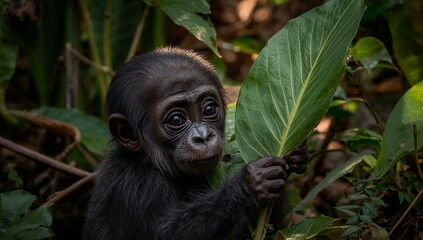 Clutching infant ape sitting among dense tropical forest understory, with large broad leaf