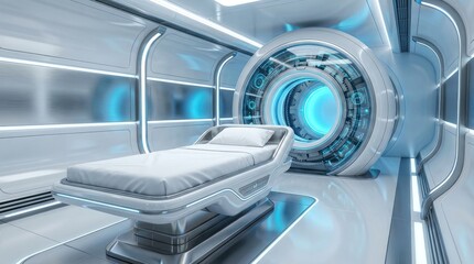 A futuristic medical examination room with a scanner and bed in a sterile white environment