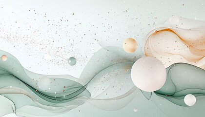 An abstract composition featuring flowing, translucent waves in teal and peach hues, interspersed with floating spheres and a dusting of golden glitter against