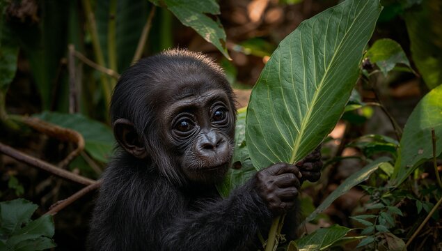 Clutching infant ape sitting among dense tropical forest understory, with large broad leaf