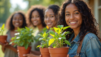Group smiling women holding potted plants. They are part of gardening community. People plant in pots, supporting eco lifestyle. Ladies demonstrate eco friendly living.