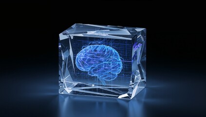 Glowing faceted crystal block projecting blue holographic brain on studio tabletop, circuitry