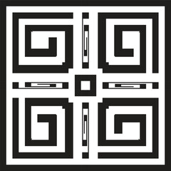 Geometric black and white square pattern with spiral motifs and a central abstract design.