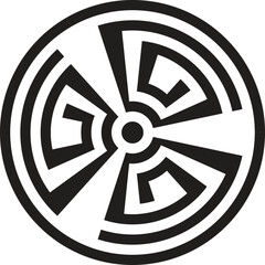 Circular geometric maze labyrinth pattern with abstract lines and central point symbol design