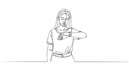 Young woman checking her watch with a serious expression in a continuous line drawing.