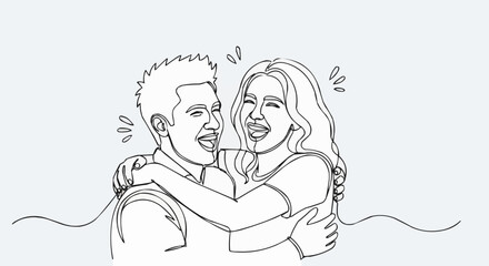 Joyful couple embracing and laughing together in a minimalist line art style.