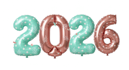 Isolated 3D illustration of the year 2026 in a glossy pink finish, adorned with elegant silver leaf details for a festive design