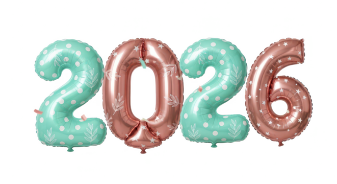 Isolated 3D illustration of the year 2026 in a glossy pink finish, adorned with elegant silver leaf details for a festive design - Powered by Adobe