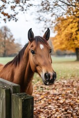 Naklejka premium Majestic Brown Horse Standing Gracefully by the Fence in a Colorful Autumn Pasture Landscape