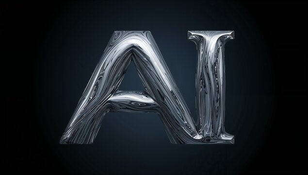 Showcasing large chrome letters AI reflecting studio lights on dark backdrop, with marbled swirl - Powered by Adobe